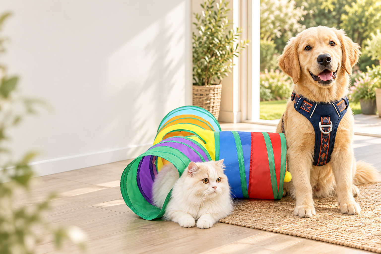 A cat relaxing in a colorful play tunnel beside a dog wearing a walking harness